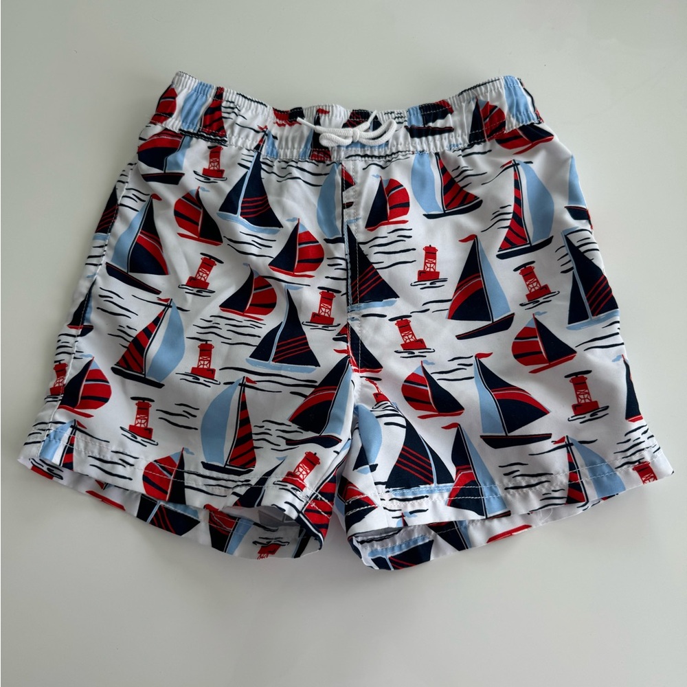 Janie and Jack Boys Swim Trunks size 5 navy red and white sailboat print